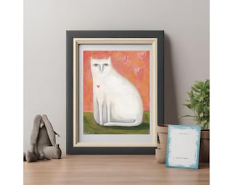 White Cat Folk Art Print, Whimsical Kitty with Pink Hearts, Adorable Kids Room Wall Decor