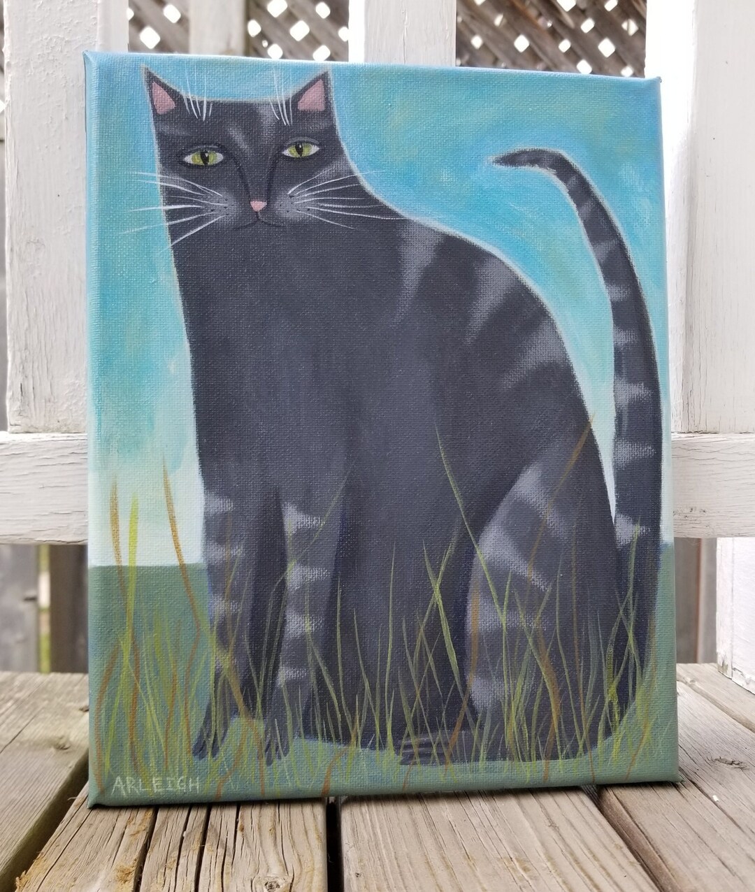 Original Gray Tabby Cat Primitive Painting - Naive Folk Art Prim Home ...