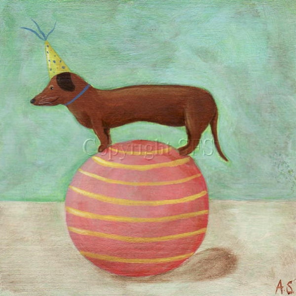 Whimsical Dachshund Dog Folk Art Print, Humorous Circus Artwork, Weiner Dog Picture, Kids Room Decor, Fun Illustration