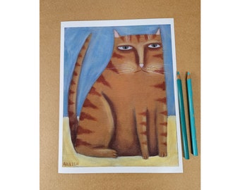 Orange Tabby Cat with Attitude PRINT -  Primitive Naive Folk Art  Prim Boho Decor