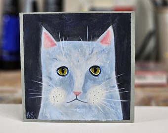 Light Blue Cat Face Original Acrylic Painting, Gift for cat lover, Contemporary Folk Art, Unique OOAK Artwork