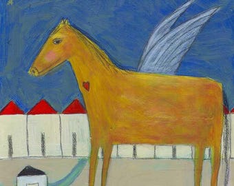 Horse with Wings Art Print,  Angel Protector of the Neighborhood Houses, Whimsical Happy wall Art