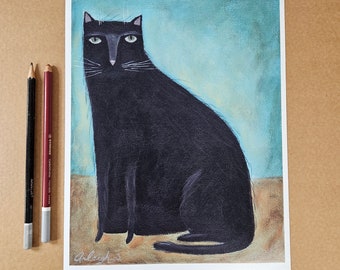 Primitive Black Cat Art Print, Longhaired and Fluffy Cat, Rustic Home Decor, Cute Folk Art