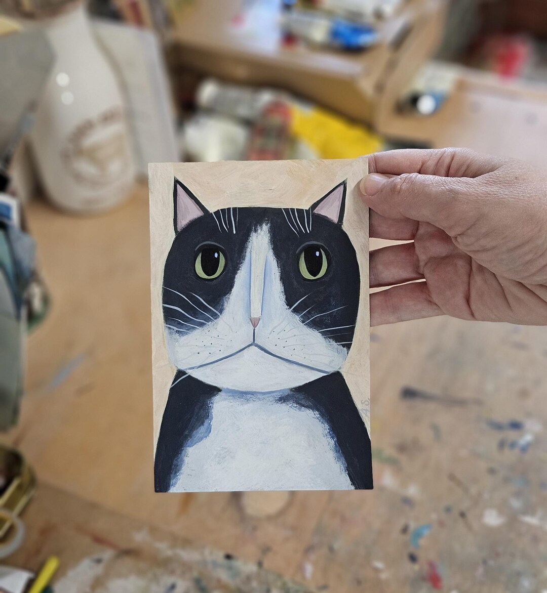 Tuxedo Cat Original Acrylic Painting, Cute Black and White Kitty, Small ...