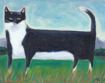 Tuxedo cat out in the countryside  Original acrylic painting on stretched canvas  Whimsical folk art