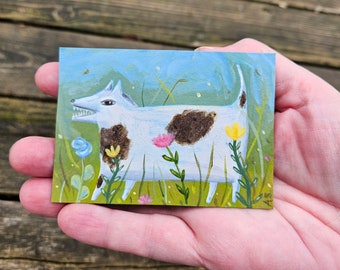 Original Painting White Dog with Brown Spots Walking Among Flowers, Whimsical ACEO Mini Folk Art Illustration, Kids Room Decor