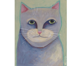 Original light purple cat face painting  Acrylic on thick wood panel box  Whimsical colorful kitty portrait art  Quirky wall decor