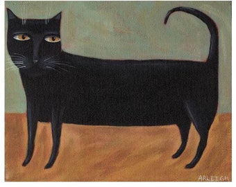 Black Cat PRINT, 8 x 10 kitty folk art picture, whimsical kids room artwork