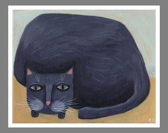 Primitive Black Cat Print, Whimsical Folk Art Wall Decor - made from original painting