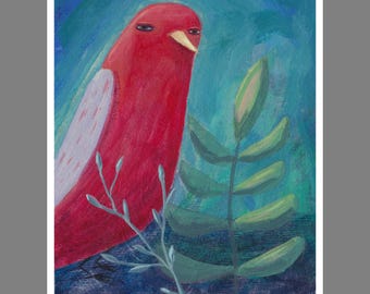 Whimsical Red Bird Botanical ART PRINT,  Night Garden Folk Art Wall Picture Decor