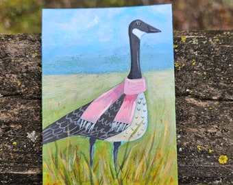 Canada Goose Wearing Scarf Original Acrylic Painting Aceo, Whimsical Mini Artwork, Modern Folk Art Illustration,  Kids Room Decor