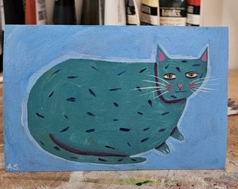 Original Acrylic Painting,  Teal and purple cat lying down, Naive Folk Art Picture, Handpainted Maximalist Wall Decor