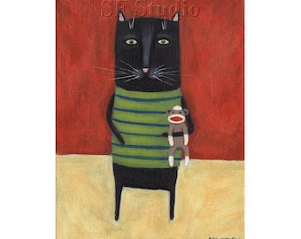 Black Cat with Sock Monkey Print Whimsical Modern Folk Art Kids Room Decor