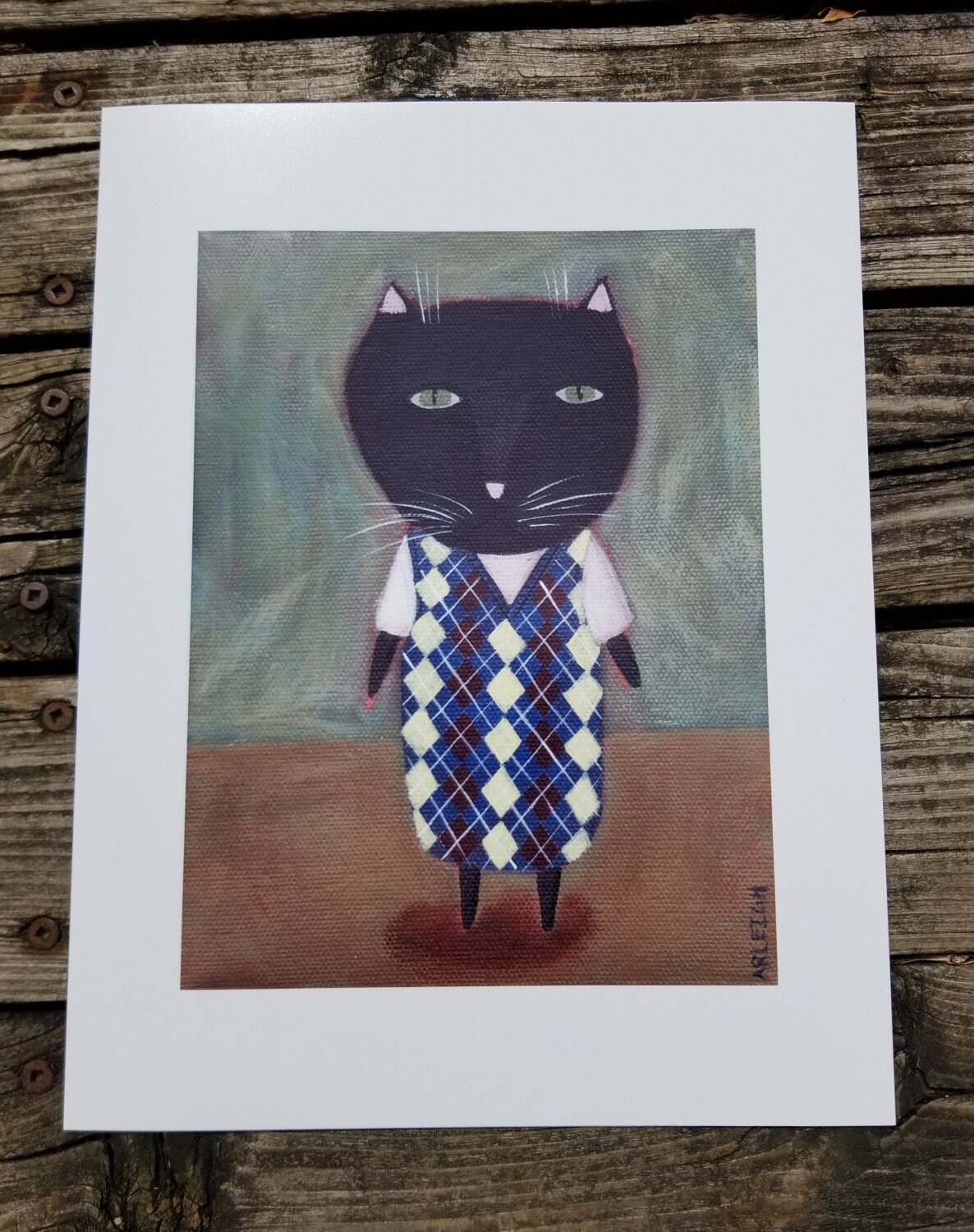 Black Cat Wearing Argyle Sweater Vest PRINT Whimsical Modern Folk Art ...