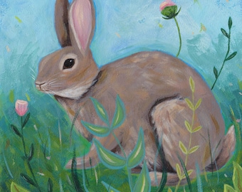 Brown Rabbit with Flowers Spring Art Print, Whimsical and Colorful Wall Decor