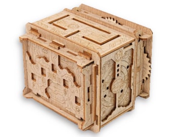 May include: A wooden puzzle box with intricate details and a combination lock. The box is made of light brown wood and has a textured surface. The box is closed and the lock is visible.