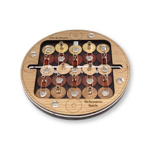 May include: A round wooden game board with the text "Checkerboard" and "Siebenstein Spiele". The board features a series of pegs and wooden discs in shades of brown and gold, with metal accents. The game board is approximately 10 inches in diameter.