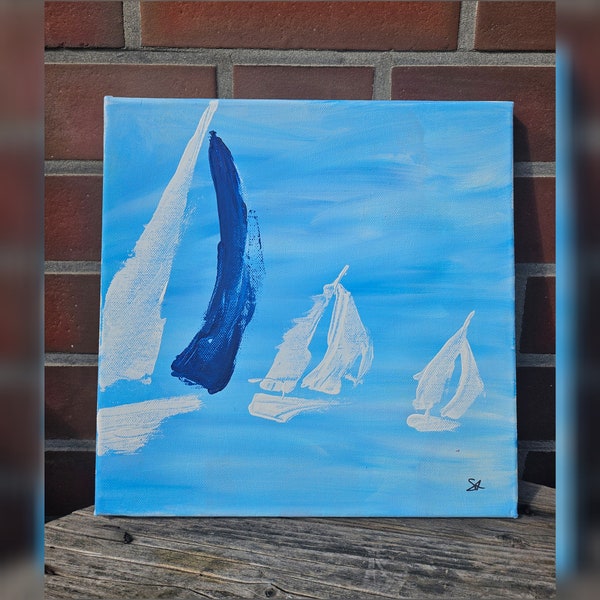 Acryl auf Leinwand, „Segelschiffe“, maritim, schlicht, blau, 30x30 cm