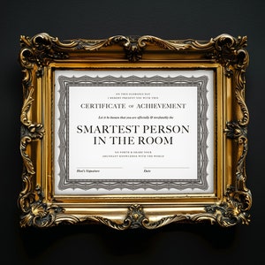 May include: A gold-framed certificate with the text "Certificate of Achievement" and "Smartest Person in the Room".