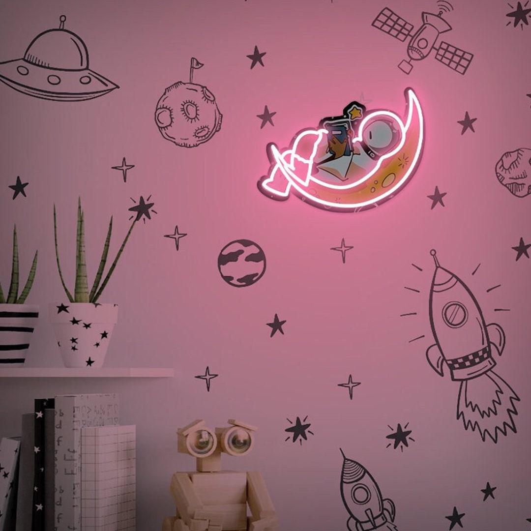 Cute Astronaut Ghost Reading on Moon LED Neon Sign,astronaut Spaceman