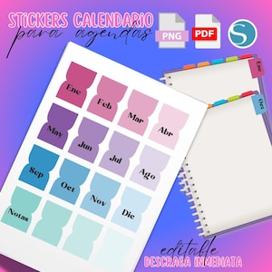 Pode incluir: Um conjunto de 12 adesivos de calendário mensais coloridos para usar em planejadores e agendas. Os adesivos estão em um padrão de grade e apresentam os meses do ano em espanhol. Os adesivos são editáveis e podem ser baixados imediatamente.