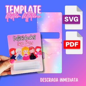 May include: A pink and white printable template for a favor box with a rainbow background. The template features a cartoon image of princesses and the text "Felicidades Ana Pau Alanis Hernandez". The template is available in SVG and PDF formats.