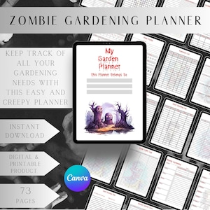 Agenda de jardin numérique sur le thème zombie étrange, mise en page imprimable, téléchargement immédiat, jardins hantés