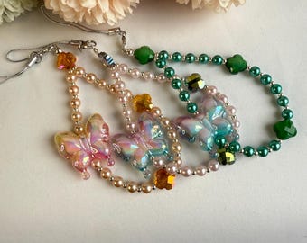 Beaded Butterfly Phone Charm Strap - Handmade Pearl Accent