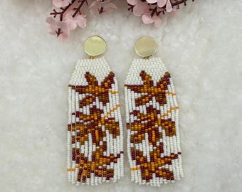 Long bohemian beaded fringe earrings and miyuki beads autumn color leafs
