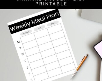 Minimal Black and White Meal and Wellness Planner Printable | Weekly Meal Planner, Grocery List and Wellness Tracker | Instant Download PDF