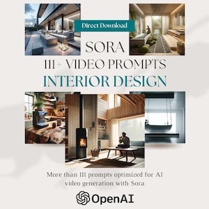 May include: A digital download of 111+ video prompts for interior design, optimized for AI video generation with Sora. The image shows a variety of interior design styles, including a modern kitchen, a living room with a fireplace, and a bathroom with a bathtub.