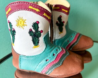 Baby Cowboy Boots, Leather, Teal, Pink, Cactus