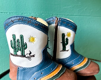 Baby Cowboy Boots, Leather, Blue, White, Cactus, Baby Shower Gift