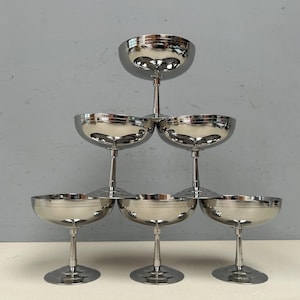 Set of 6 Letang Remy Inox Vintage French Stainless steel ice cream bowls pedestal dishes silver icecream champagne coupes Ref A1
