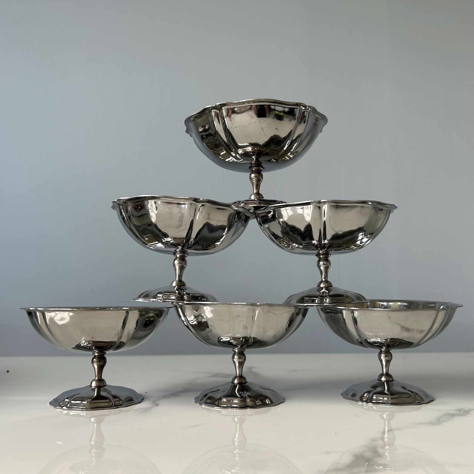 Set of 6 Jean Couzon Vintage French ornate small metal ice cream bowls pedestal coupes REF J2