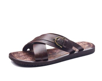 Mens Leather Slide Open Toe Buckle Sandals, Handmade Geniune Leather Sandals