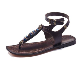 Brown Leather Ankle Sandals For Womens