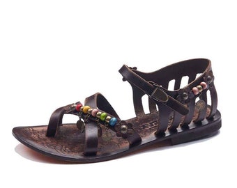 Brown Strappy Leather Sandals For Womens