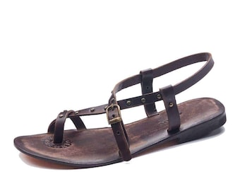 Brown Leather Toe Loop Sandals For Womens