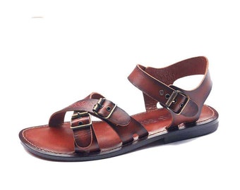 Tan Leather Sandals, Mens Leather Strap Comfortable Sandals, Open Toe Buckle and Tan Color