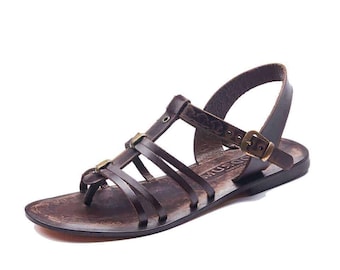 Dark Brown Leather Strappy Sandals Flat For Womens