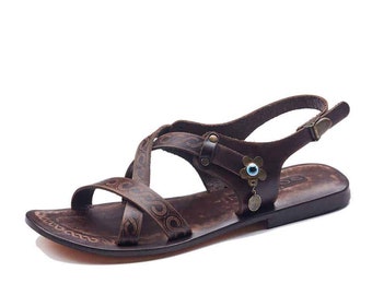 Open Toe Leather Sandals For Womens Evil Eye Bead