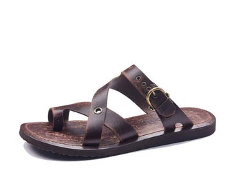 Mens Leather Slides Toe Thongs Buckle Sandals