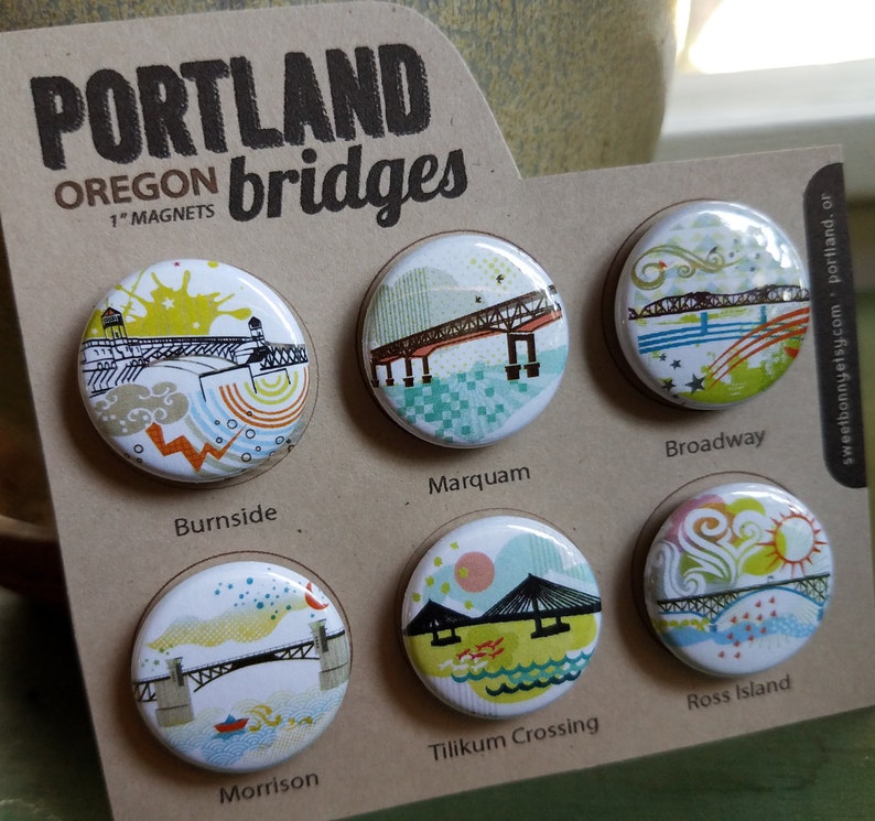 Portland Bridges II One Inch Super Strong Magnets or Pin Back Buttons Set of Six image 1