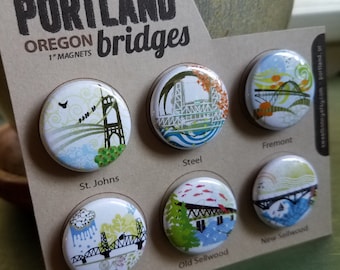 Portland Bridges I Magnets or Buttons – Set of Six, Original Illustrations