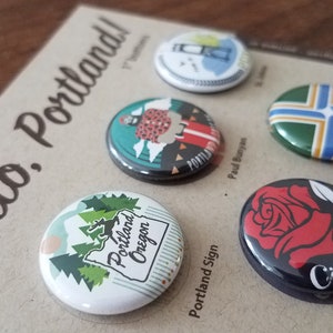 Hello, Portland! One Inch Pin back Buttons - Set of Five - Pin Pack