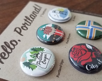 Hello, Portland! Pin Back Buttons – Set of Five – Original Illustrations
