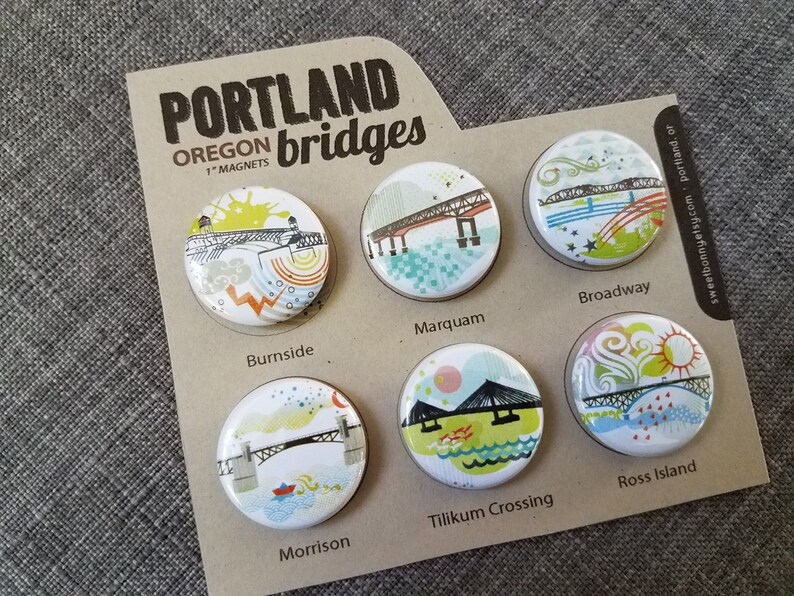 Portland Bridges II One Inch Super Strong Magnets or Pin Back Buttons Set of Six image 2