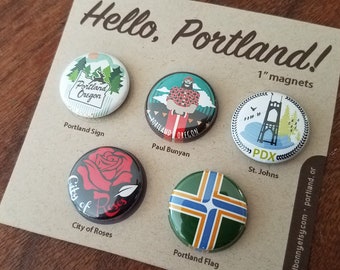 Hello, Portland! One Inch Super Strong Magnets - Set of Five - Magnet Pack - Original Illustration