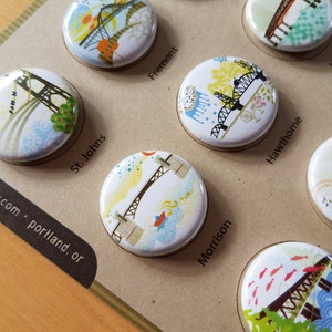 Portland Bridges - One Inch Pinback Buttons or Magnets - Gift Set Pack of Twelve